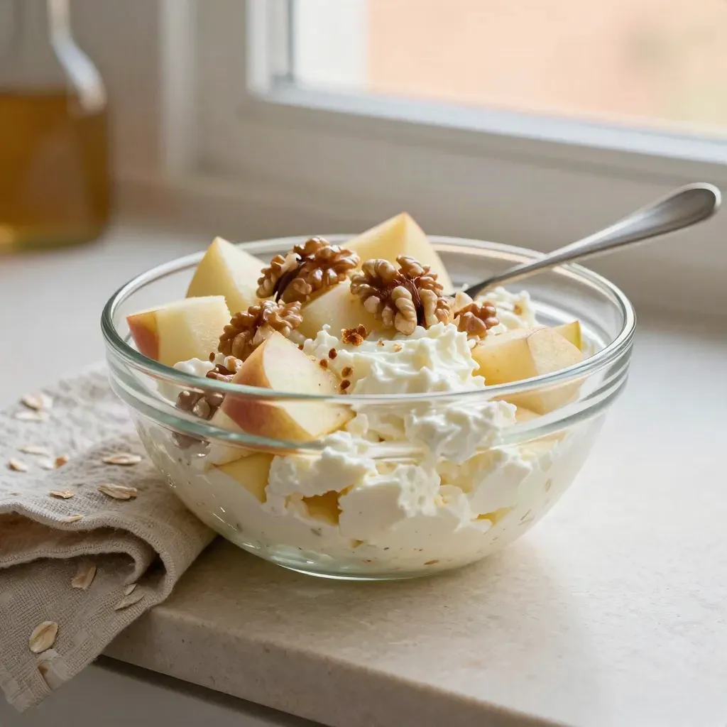 Halb gefüllte Glasschale mit Apfel, Quark und Walnüssen auf Leinentuch im warmen Licht.