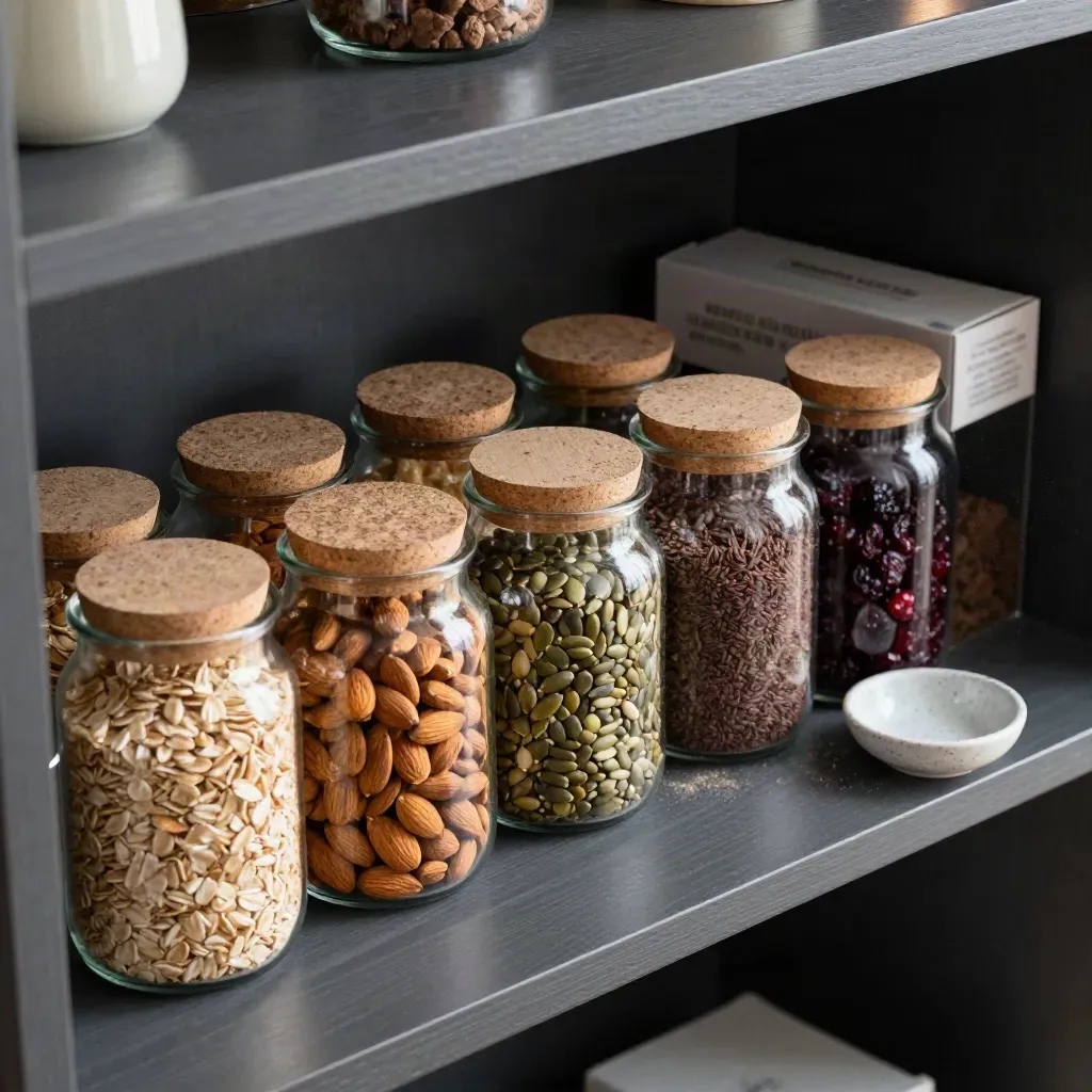 Fünf Vorratsgläser und eine fast volle Snackbox auf einem dunklen Regalfach im Pantry-Licht