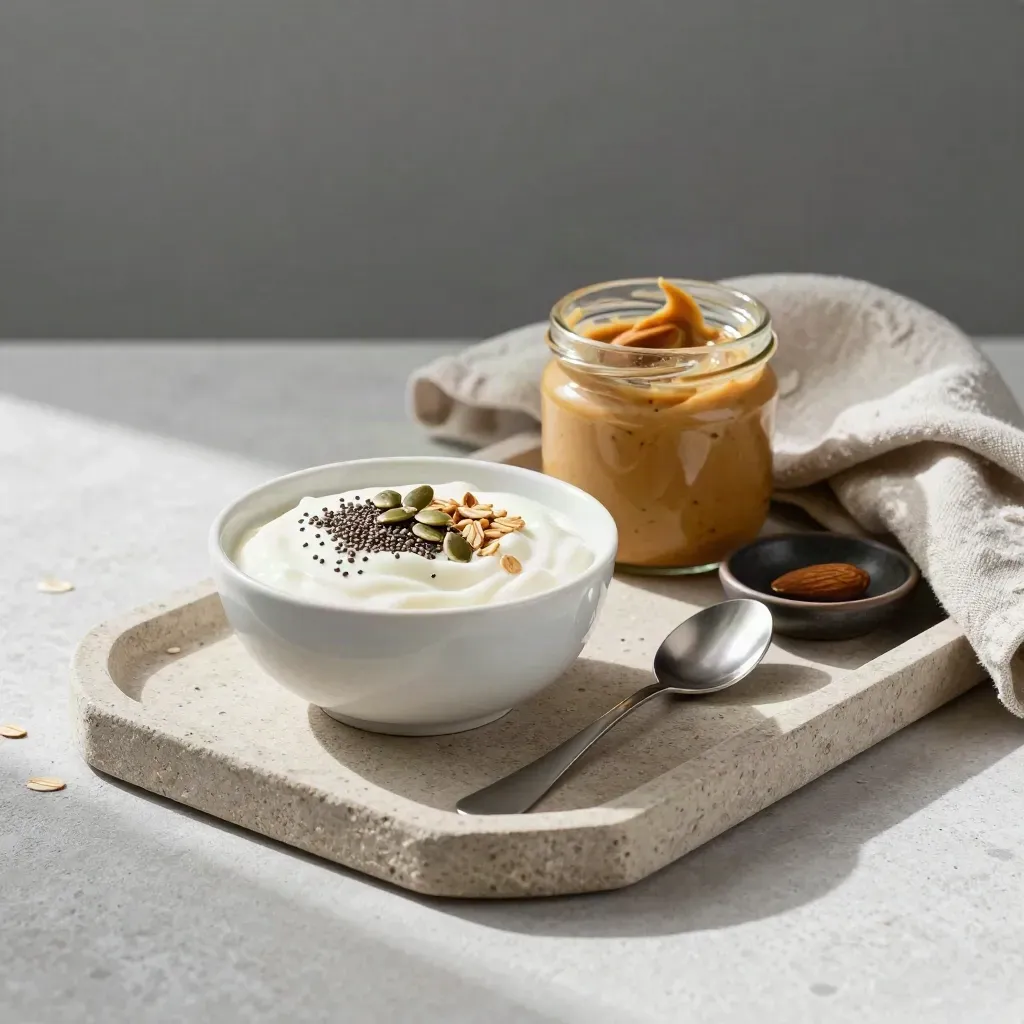 Quarkschale mit Samen, Mandelmusglas und Löffel auf Steingrau.