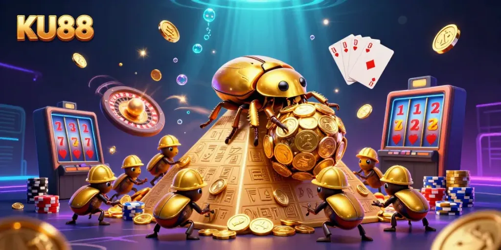 Experience a dynamic KU88 casino scene with golden coins, beetles, and a roulette wheel.