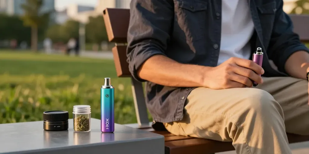 Young professional using a PAX Mini vaporizer in an urban park, showcasing modern vaping lifestyle.