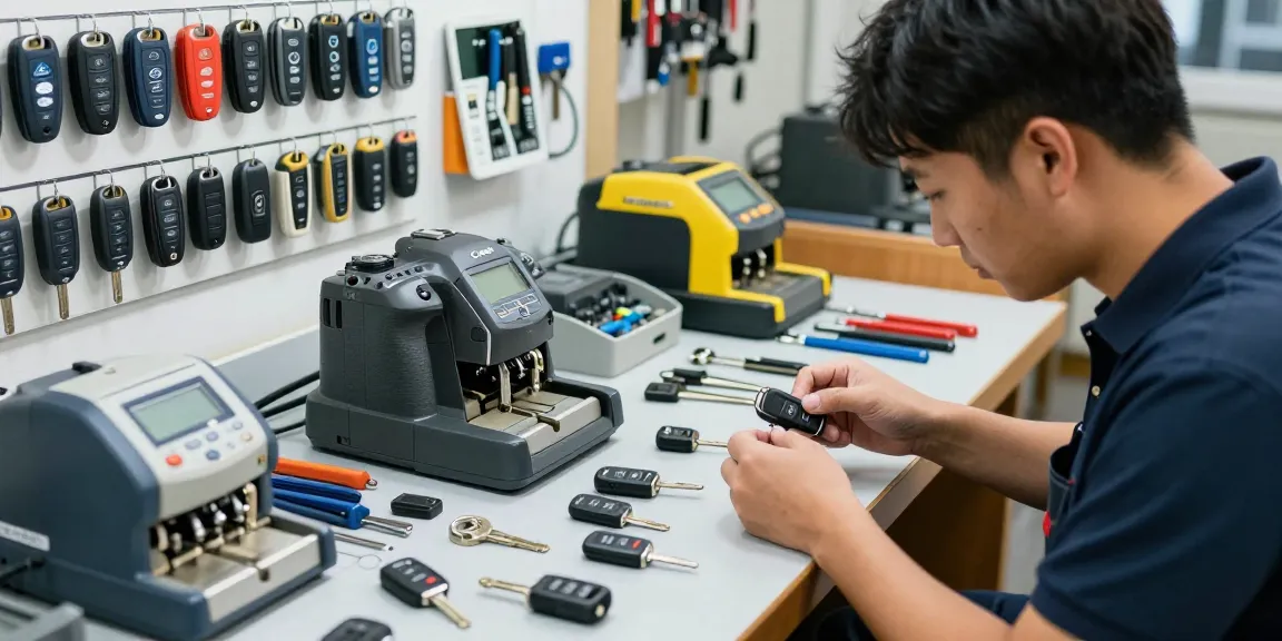 Ein Experte für Autoschlüssel arbeitet an verschiedenen Modellen. Siehe hier einige wichtige Schlüsselkomponenten.