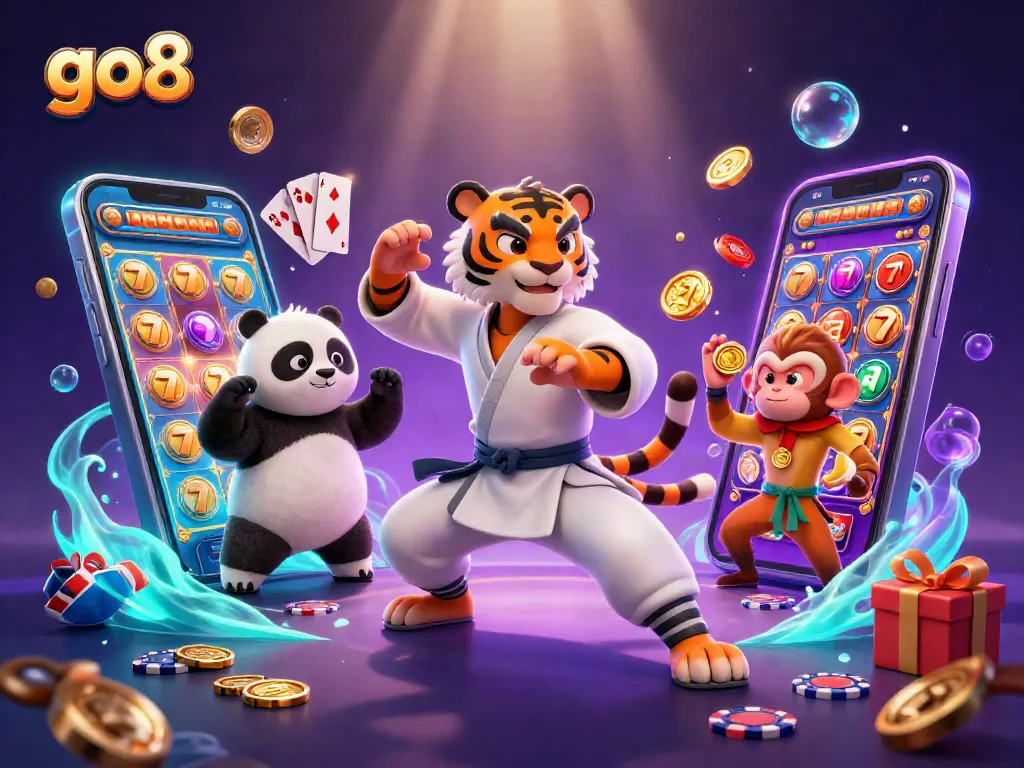 Experience the vibrant go8 casino with a kung fu tiger and friends amidst colorful slot game action.