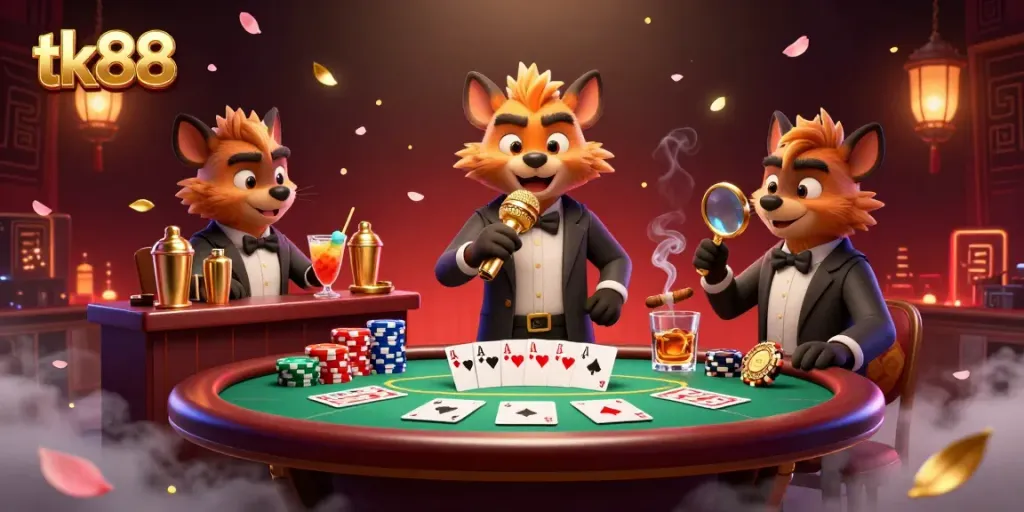 Engage in the vibrant comedy casino atmosphere at tk88, featuring hyenas in a dynamic scene.