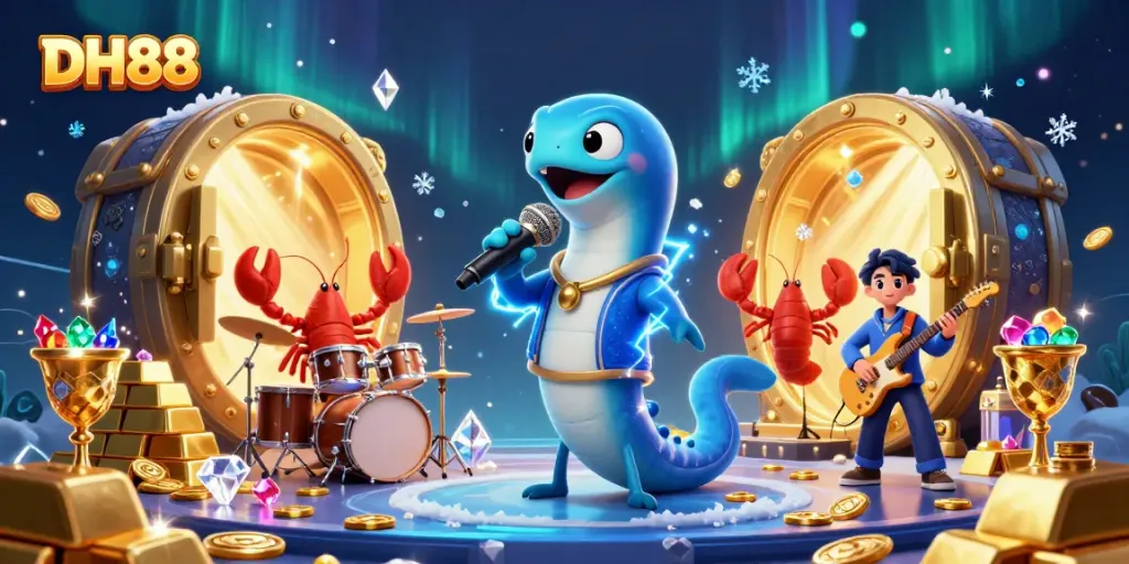 Experience the excitement of DH88 in this vibrant underwater casino scene with electrifying characters.