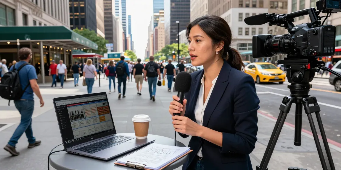 Journalist reporting live in bustling city scene, showcasing newsbochum's energetic atmosphere.