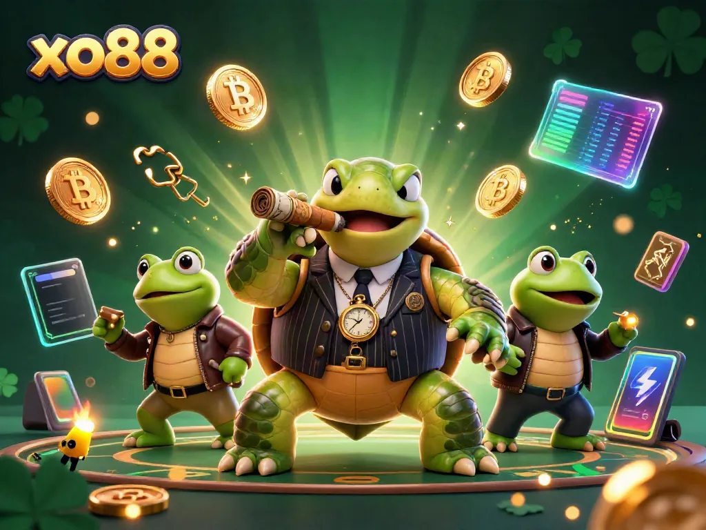 Experience the thrilling world of xo88 with a vibrant 3D rendering featuring engaging casino characters and vibrant cryptocurrency elements.