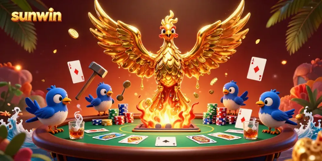 Experience the excitement of sunwin gaming with a molten golden phoenix and poker elements