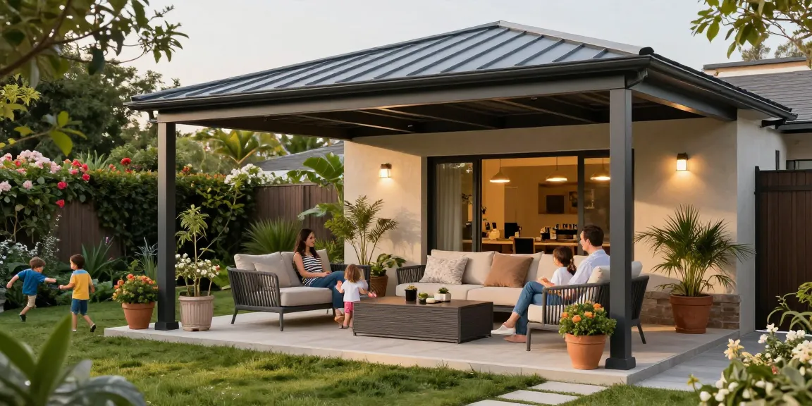 Moderne Terrassenüberdachung in einem einladenden Garten mit einer Familie, die entspannt, während Kinder spielen.