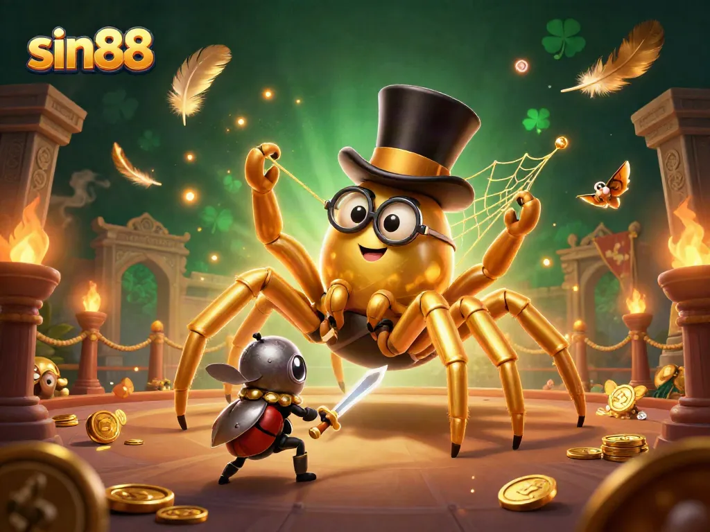 Experience thrilling gameplay at sin88 with an enchanting 3D casino scene featuring a giant golden tarantula and brave beetle knight.