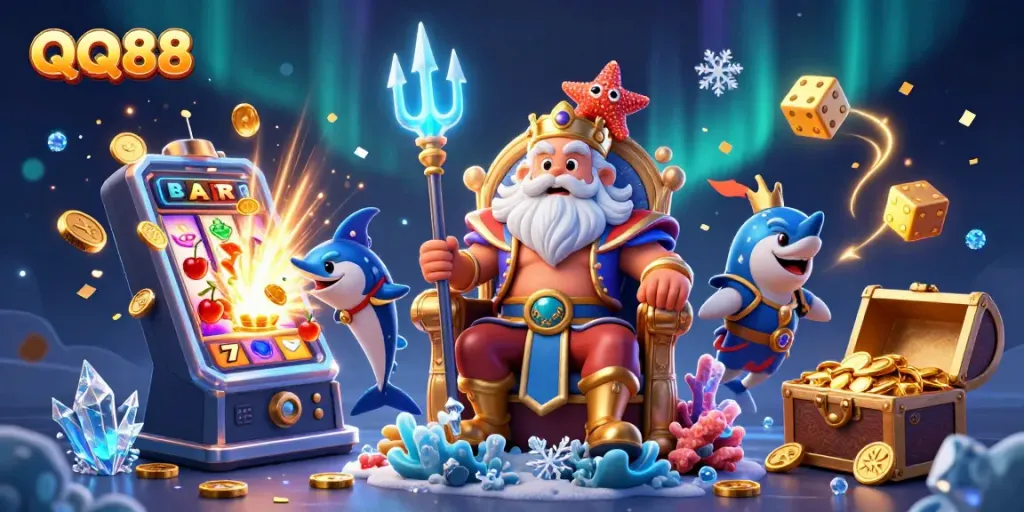 Spin and win at QQ88 with a vibrant casino scene featuring Neptune, slot machines, and golden treasures.