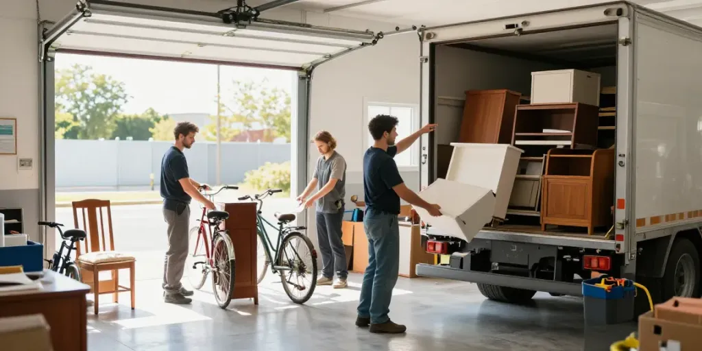 Garagenräumung Wien in Aktion, Team räumt alte Möbel und Kartons aus einer Garage.