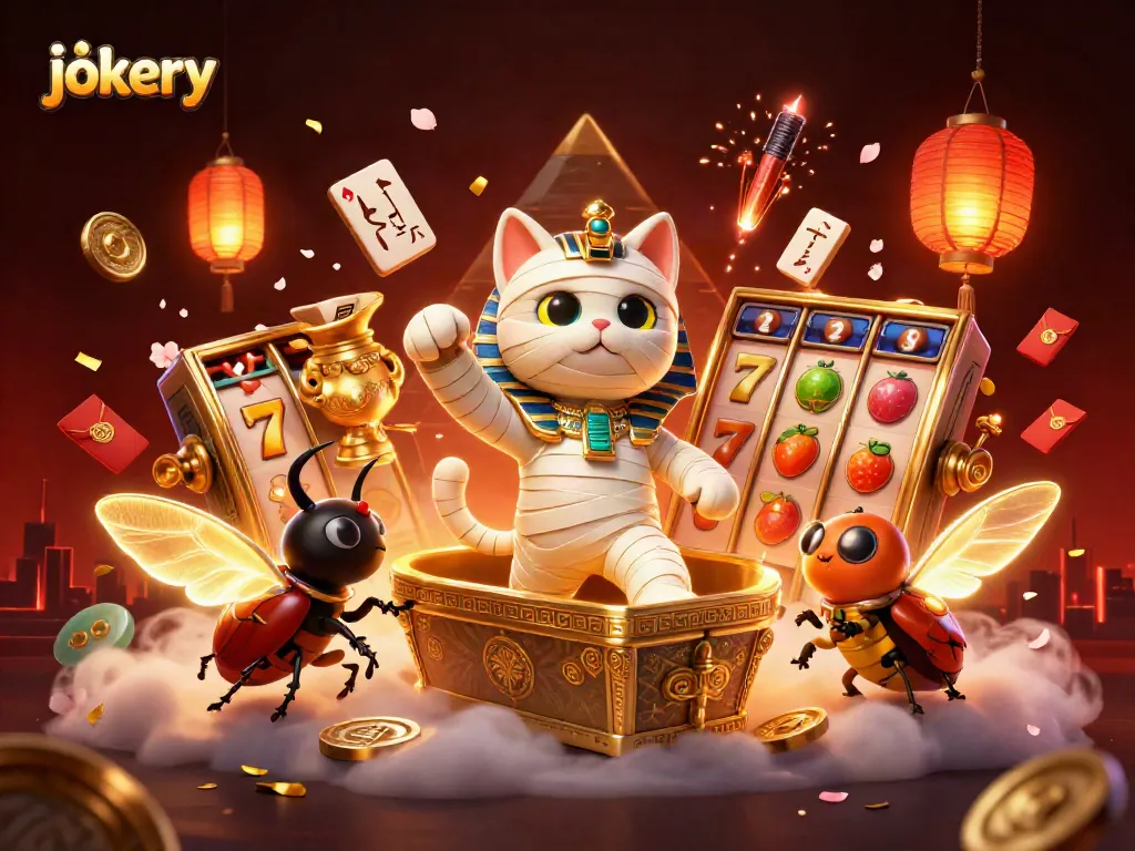 Engage with jokery's thrilling 3D illustration depicting vibrant jackpot action and Egyptian motifs in a dynamic casino scene.