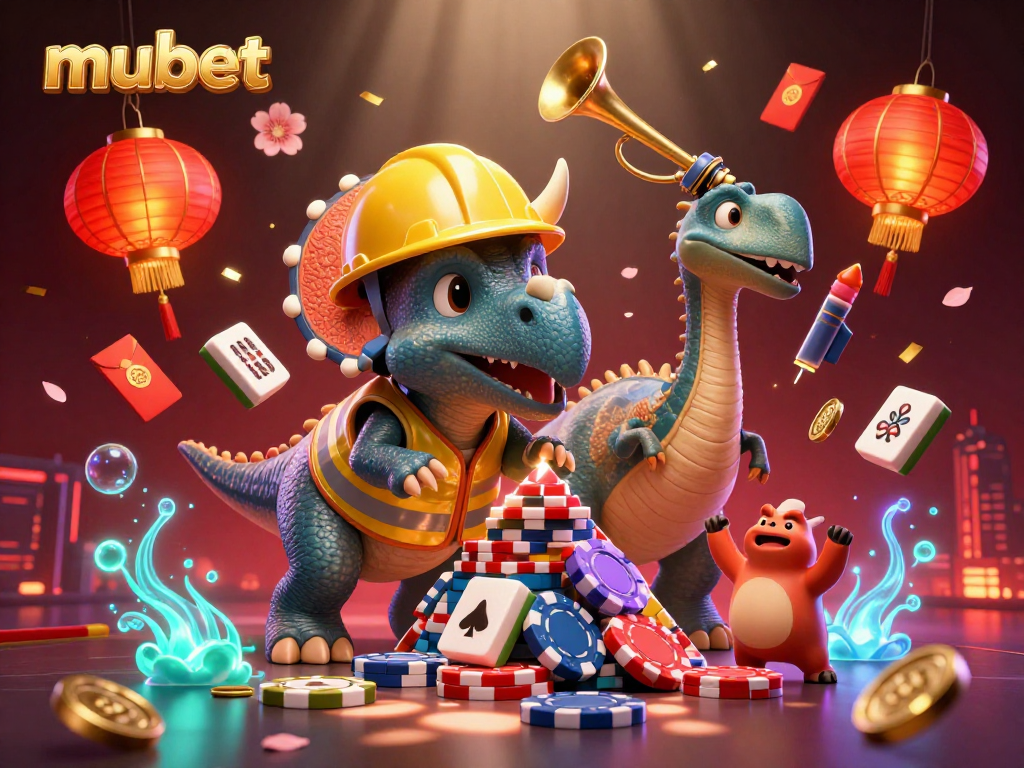 Join the excitement at mubet with cheerful dino characters celebrating poker achievements.