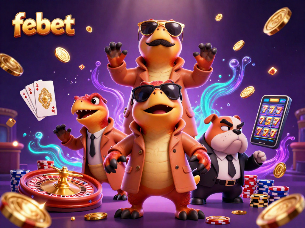 Experience winning potential with febet's vibrant casino characters and gaming action in a stunning illustration.