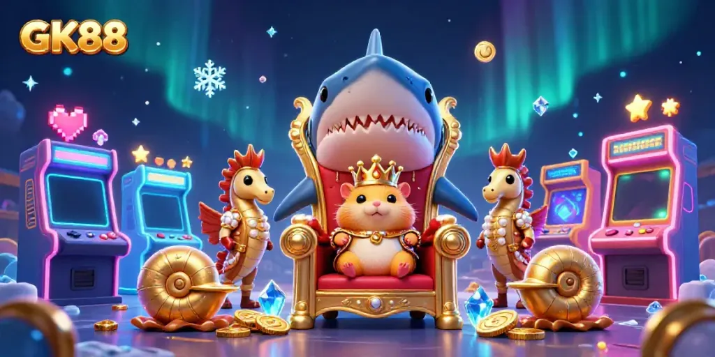Experience thrilling gameplay at GK88 with 3D cartoon casino elements and characters in this captivating illustration.