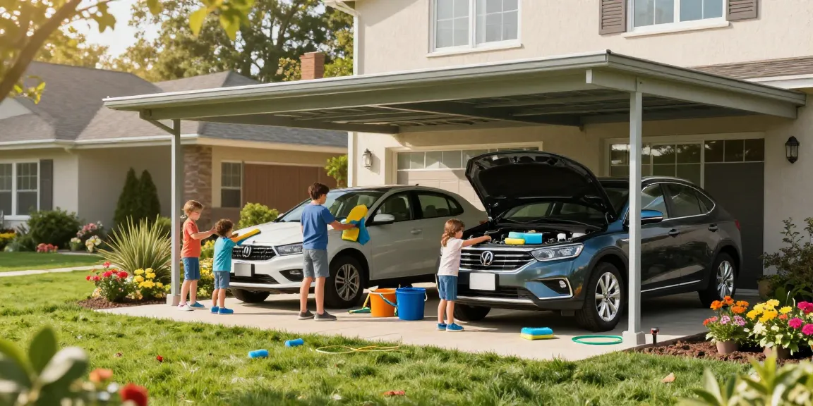 Ein attraktiver Carport mit einer Familie, die ihre Fahrzeuge pflegt, in einem einladenden Garten beim Sonnenlicht.