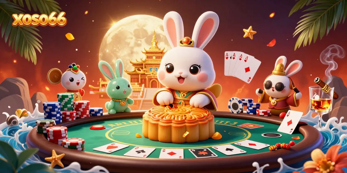 Join the excitement at xoso66 with a vibrant 3D scene featuring a moon rabbit and poker chips.