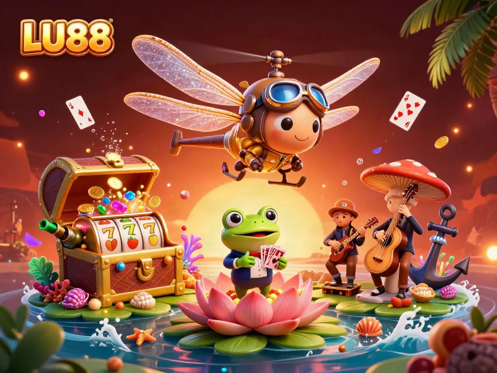 Experience LU88 with a vibrant dragonfly pilot, a frog dealer, and musicians at a lily pad casino.