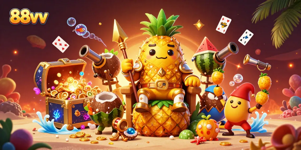 Explore vibrant action at 88vv's enchanting casino scene with golden characters and treasure!