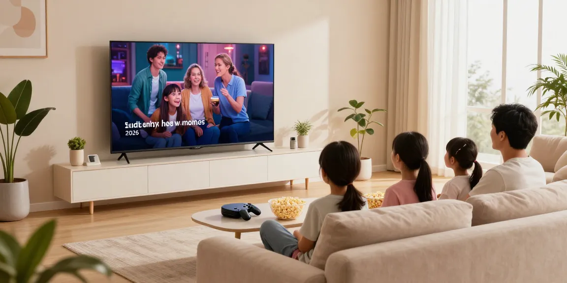 A family enjoying a movie night in front of a smart TV 2026 in a cozy living room, showcasing modern design and inviting atmosphere.