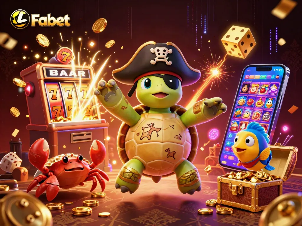 Experience thrilling Fabet gaming with a pirate turtle and treasure in this vibrant casino scene.