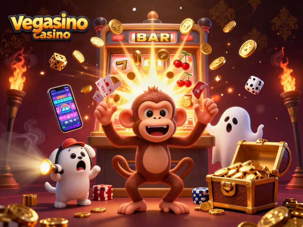 Experience the thrill of vegasino casino with a playful poltergeist monkey and ghost-hunter puppy in action.