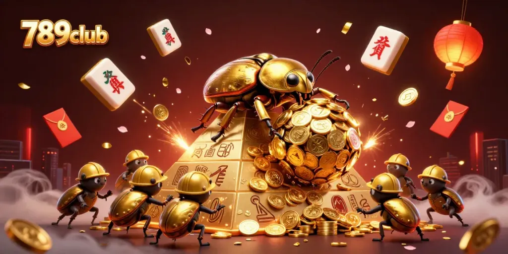 Engage in thrilling gameplay with 789club's dynamic cartoon illustration featuring festive casino elements.