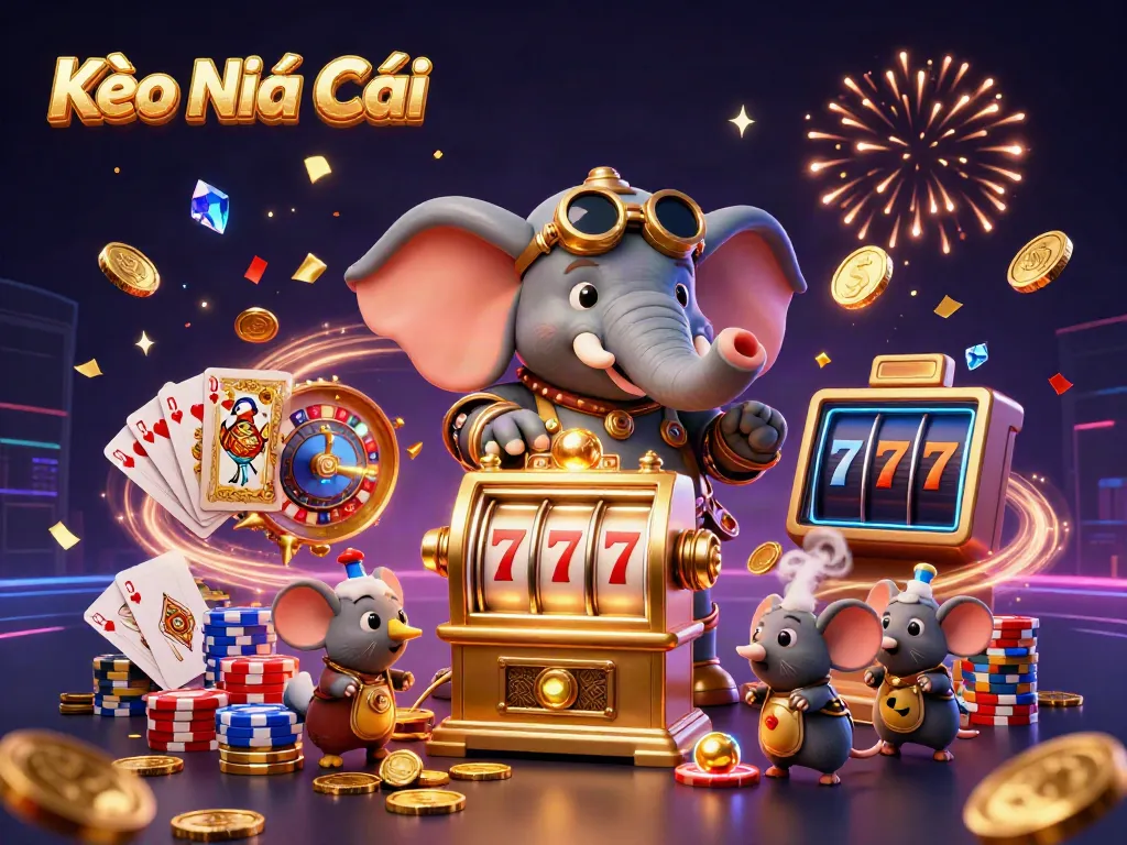 Engage with Kèo Nhà Cái through dynamic steampunk-themed casino elements featuring a golden slot machine.