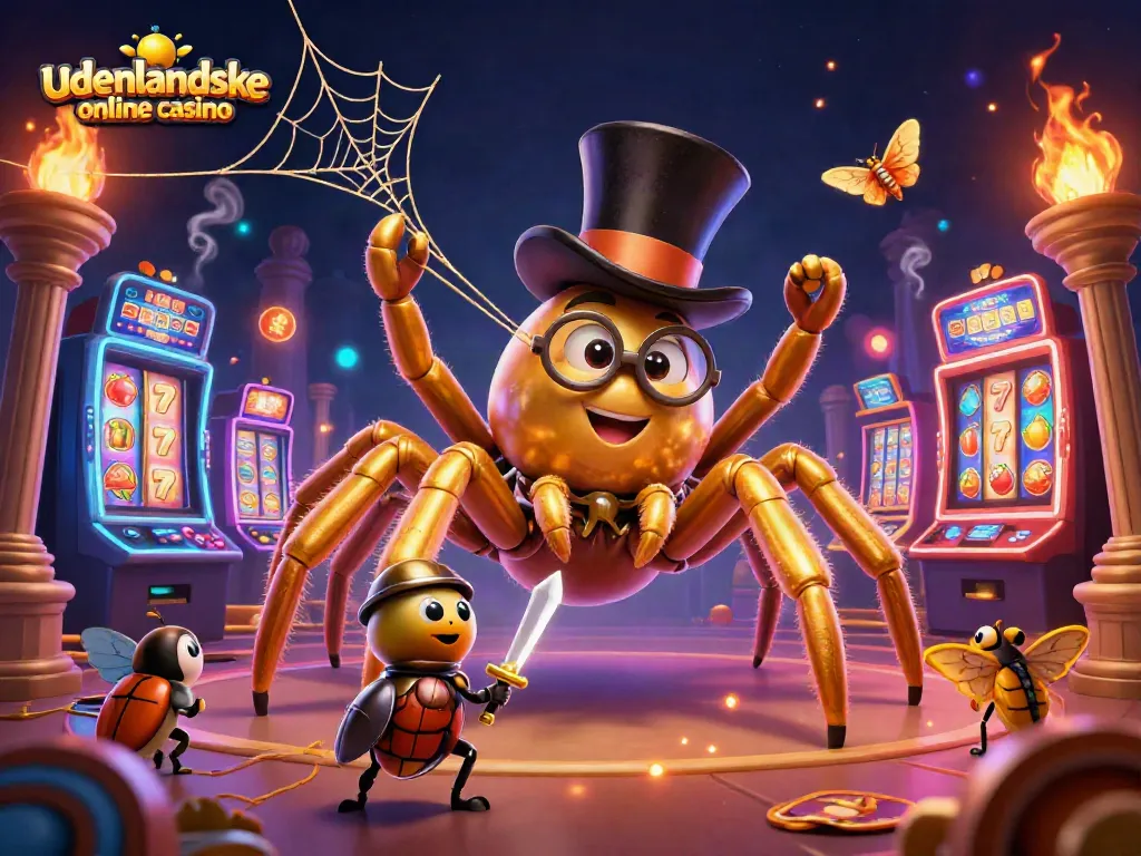 Engage with udenlandske online casino games in a vibrant 3D illustration featuring a golden tarantula and beetle knight.