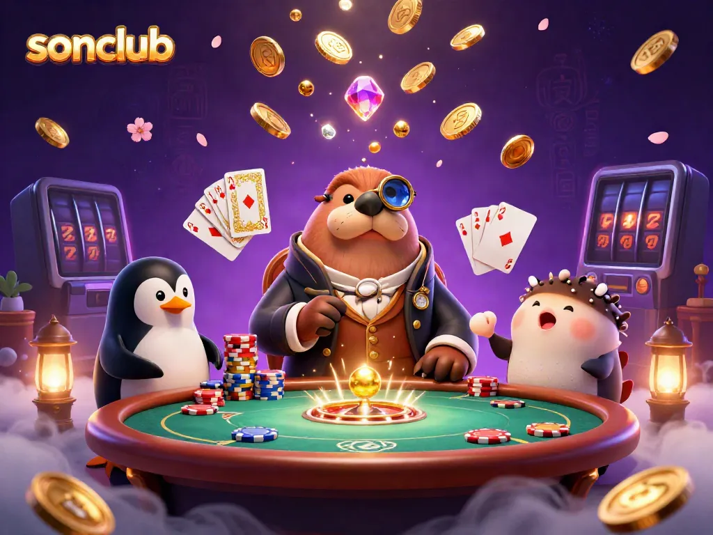 Join the jolly walrus at sonclub for an exciting underwater poker game with vibrant decorations.