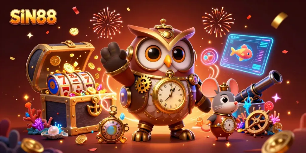 SIN88 casino scene featuring a steampunk owl, floating slot reels, and vibrant gold coins.