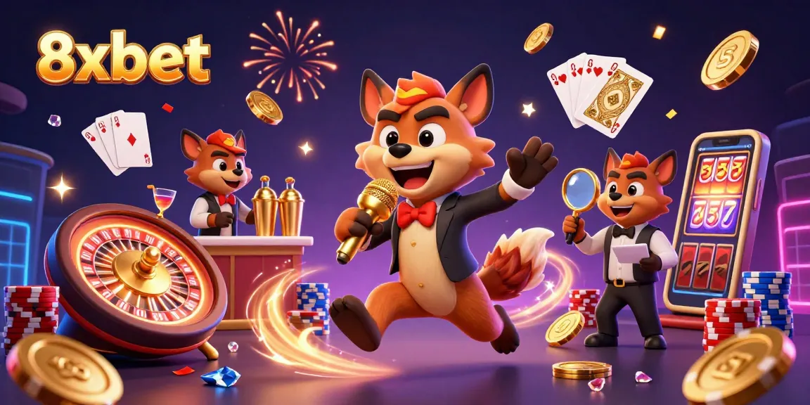 Experience the lively 8xbet casino atmosphere with hyenas entertaining, coins cascading, and jackpot excitement!