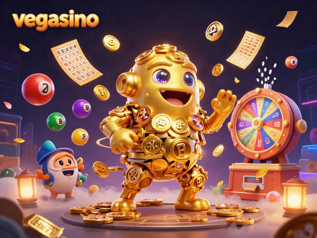 Experience exciting gameplay at vegasino, featuring a dynamic golem surrounded by vibrant lottery elements.