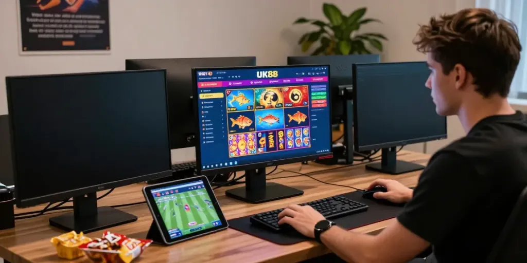Player engaging with UK88 online betting platform, showcasing excitement in 2026 gaming.
