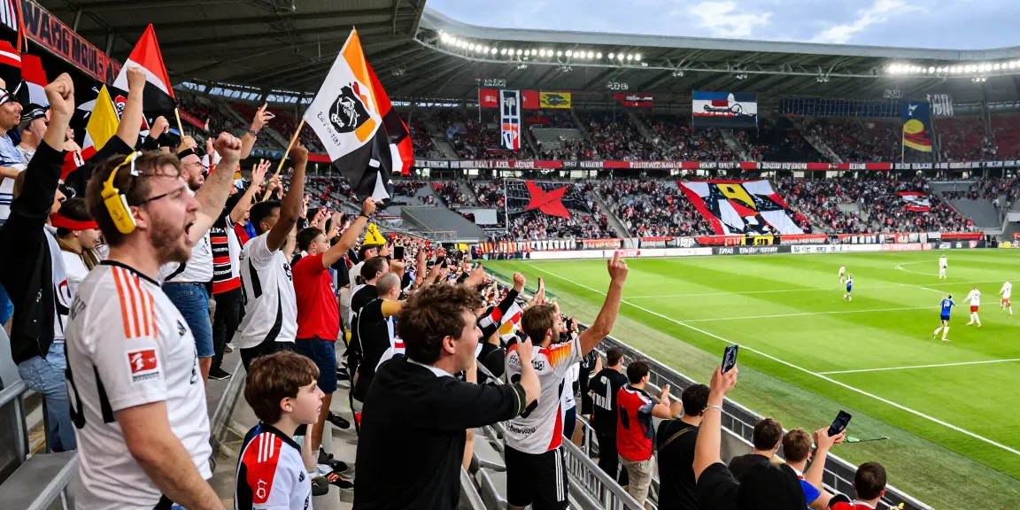 Fußball Deutschland im Stadion: Fans feiern leidenschaftlich während eines spannenden Spiels der Bundesliga 2026.
