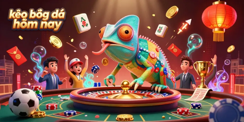 Experience the excitement of kèo bóng đá hôm nay with a vibrant 3D chameleon casino owner, sports elements, and colorful effects.