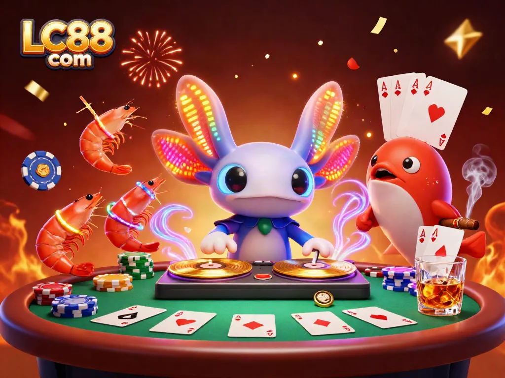 Experience vibrant casino excitement with LC88 com's neon-themed underwater celebration featuring quirky characters and poker elements.