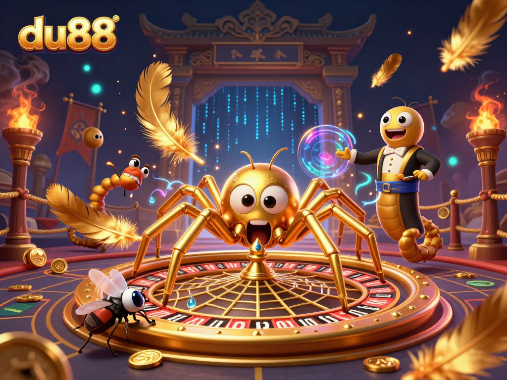 du88 features a thrilling golden spider spinning a roulette wheel web with a nervous fly betting.