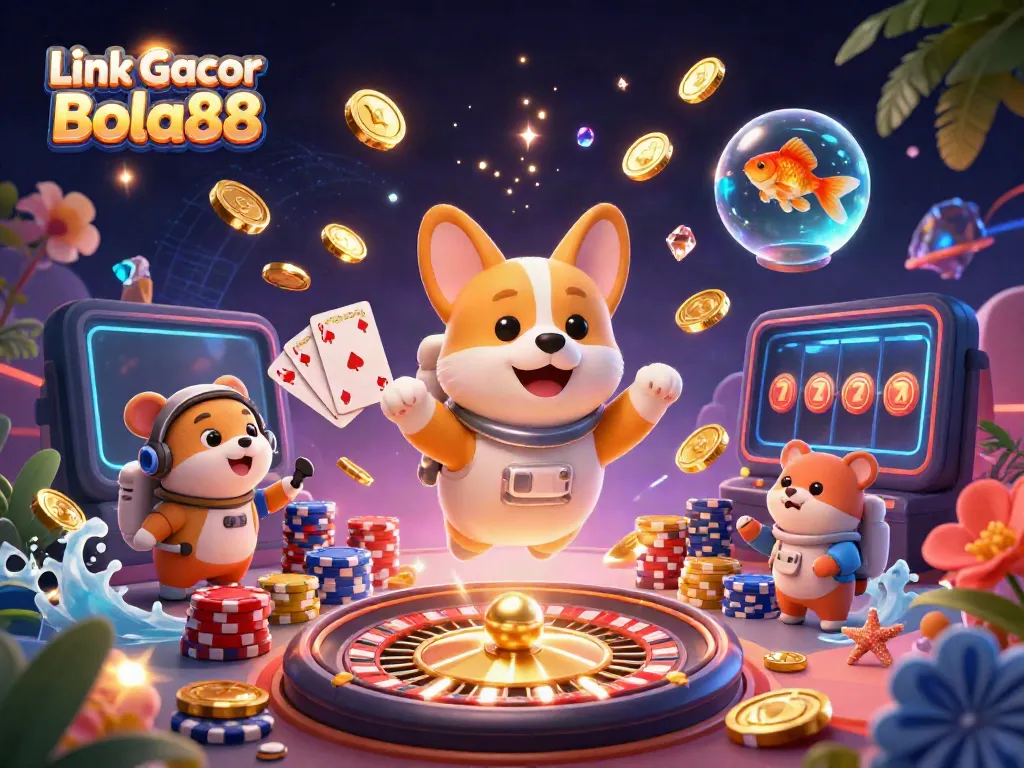 Engage with Link Gacor Bola88 through a vibrant 3D casino scene featuring captivating characters and dynamic game elements.