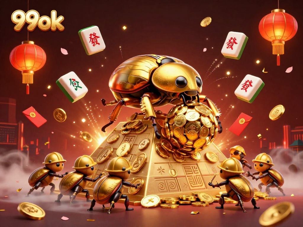 Play and win big with 99ok in a festive casino-themed adventure illustration.