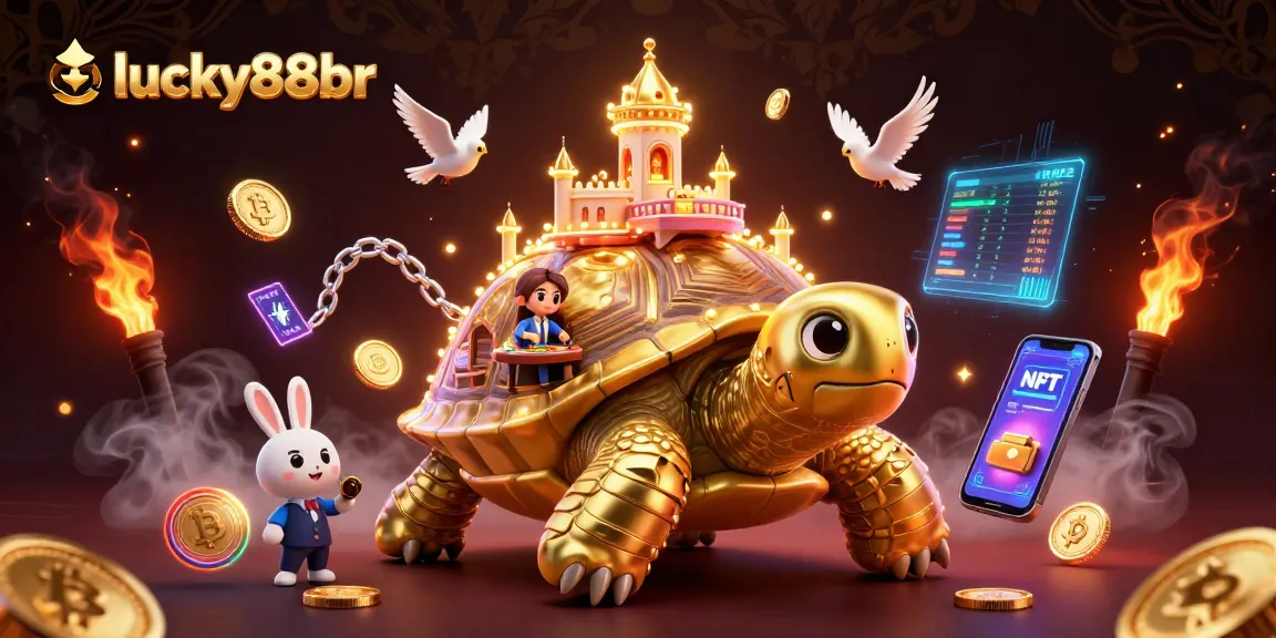 Engage with lucky88br's thrilling casino experience featuring a golden tortoise with a mini casino palace.