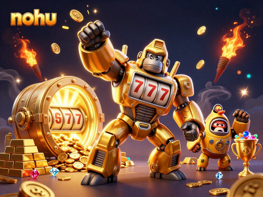 Experience the thrilling nohu gaming atmosphere with a golden mech and treasures in a vibrant casino scene.