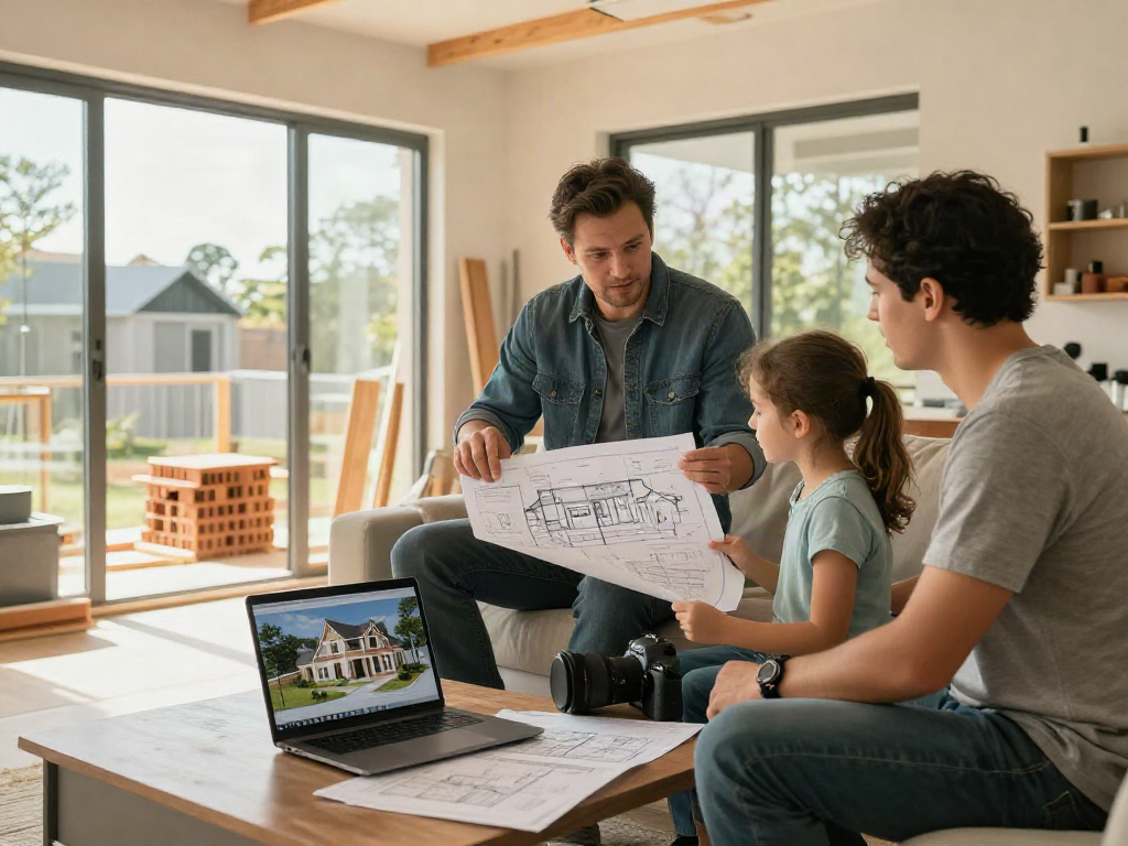 Hausbau Wien: Familie plant gemeinsam ihren Traumhausbau mit Architekten im modernen Wohnzimmer.