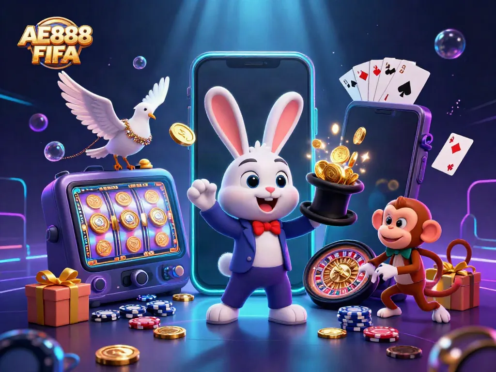 Experience the magic of AE888 FIFA with a whimsical 3D scene of a magician rabbit, dove, and monkey in a rich casino atmosphere.