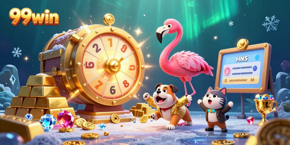 Spin the 99win prize wheel with exciting characters and treasures in a vibrant casino scene.