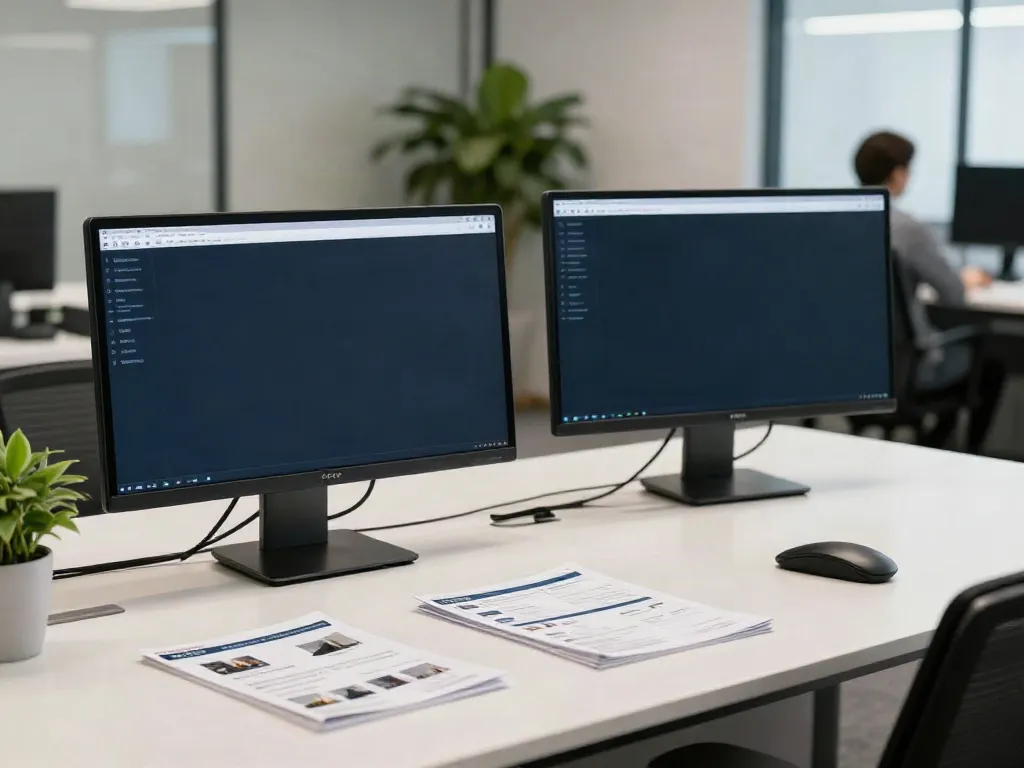 Immobilienmakler Potsdam Büro mit modernem Design und technologischen Hilfsmitteln für die Immobilienbewertung.