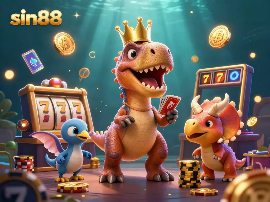 Experience sin88 excitement with 3D cartoon dinosaurs engaging in lively casino games surrounded by neon elements
