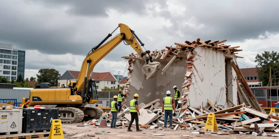 Abriss und Entkernung Augsburg: Arbeiter beim professionellen Abriss eines alten Gebäudes mit modernen Maschinen und Sicherheitsausrüstung