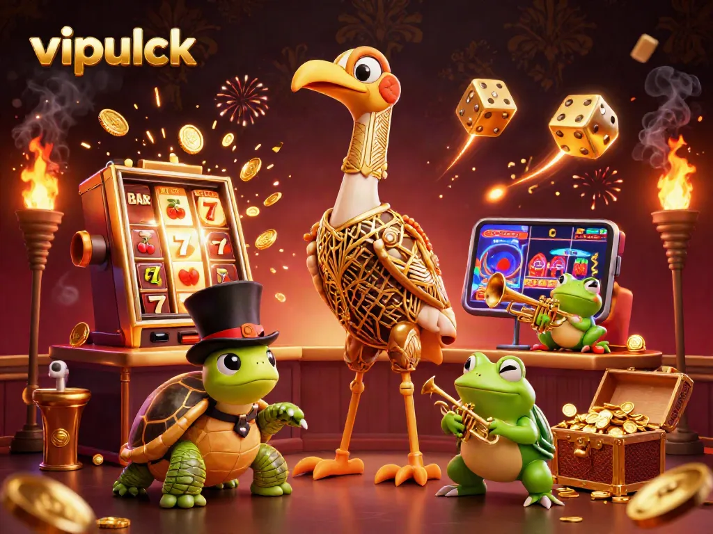 Spin and win at vipluck with thrilling casino game characters in a vibrant, dynamic illustration.